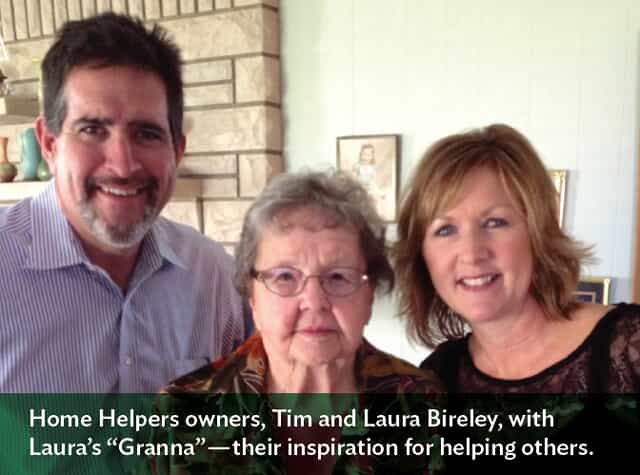 Picture of three people with text that says, "Home Helpers owners, Tim and Laura Bierley, with Laura