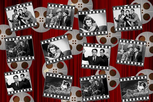 Vintage film reels with screenshots of film scenes